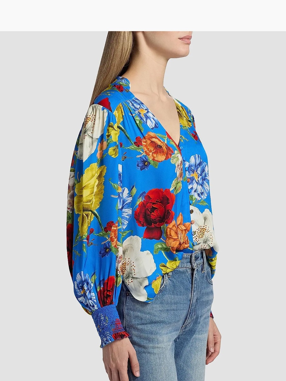 Alice + Olivia Bright Blue Floral V-Neck Button Blouse - Picture 2 of 11